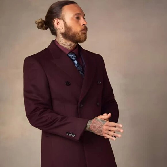 Men's Double Breasted Burgundy ~ Wool men's Car Coat Mid Length Three quarter le - Picture 1 of 2